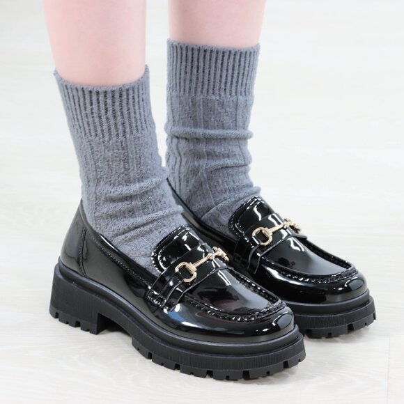 Black Patent Horsebit Loafers Chunky Platform Lug Sole Slip-Ons Modern Academia - Picture 8 of 16